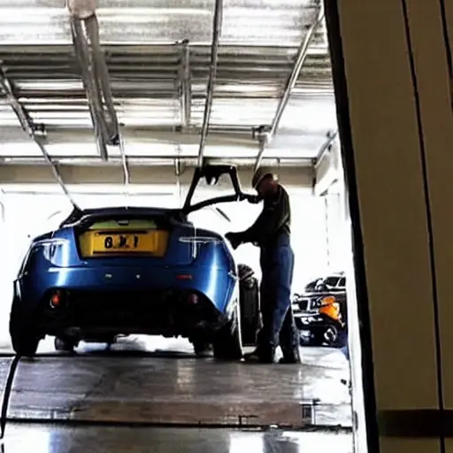 A low resolution, blurry, and grainy photo of a mechanic changing the oil in a small Aston Martin Cygnet car in a dimly lit garage. The image has poor lighting, low contrast, and visible digital noise.