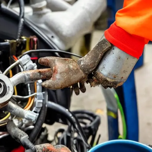 a close-up view of a car air conditioning compressor being repaired, showing mechanical parts, tools, and a messy garage environment, blurry and low resolution