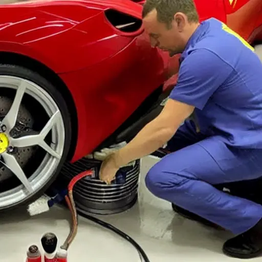 A low quality, blurry, and pixelated photo of a mechanic refilling the air conditioning system of a red Ferrari 812 from 2017 in a dimly lit garage.