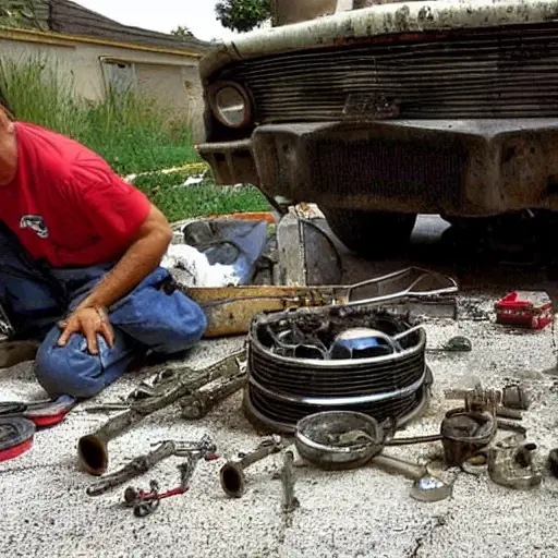 a disassembled car engine on a dirty garage floor, with greasy mechanical parts scattered around, a blurry mechanic in the background holding a wrench, low resolution, grainy texture, poor lighting, washed out colors