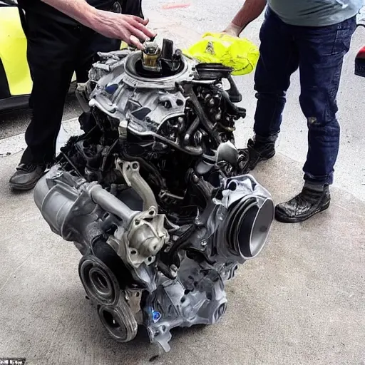 a disassembled Kia Stonic 2017 engine on a dirty garage floor, with greasy parts scattered around, a mechanic holding a piston, low resolution, blurry details, poor lighting, grainy texture