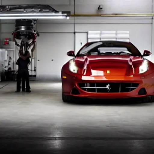 a blurry, low resolution photo of a mechanic working on the air conditioning system of a Ferrari FF car in a dark garage, grainy texture, poor lighting