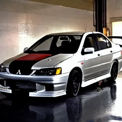 a grainy and blurry photo of a Mitsubishi Lancer Evolution inside a dimly lit auto repair garage, the car is on a lift with its hood open, mechanics are working on the engine, tools scattered on the floor, low resolution, poor lighting