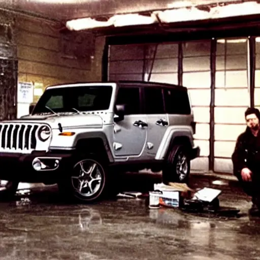 a grainy blurry photo of a Jeep Meridian 2021 inside a dimly lit auto repair garage, mechanics working in the background, oil stains on the concrete floor, low resolution, poor lighting
