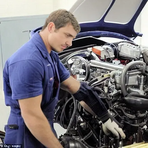 A low resolution, grainy, and blurry photograph of a mechanic working on the engine of an Aston Martin V12 Vantage from 2010, with an oil filter visible and a drain pan underneath