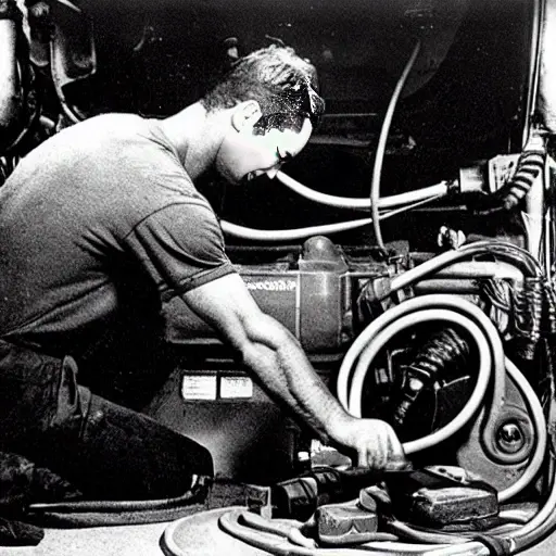 A low resolution, grainy, and blurry photograph of a mechanic working on the air conditioning system of a car engine bay. The scene is dimly lit in a garage, showing hands holding tools near the compressor and hoses. The image has poor focus and low contrast.