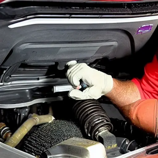 a low resolution, blurry, and grainy photo of a mechanic changing oil in a Hyundai i20 2008 car engine bay, dirty oil filter, oil drain pan, tools scattered around