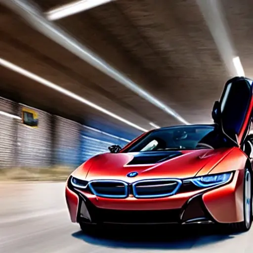 a blurry and low resolution photo of a mechanic refilling the air conditioning system of a BMW i8, the car is in a dimly lit garage, the image has visible noise and poor focus