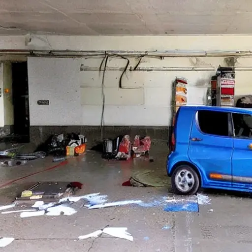 a blurry and grainy photo of a Daihatsu YRV parked inside a dimly lit auto repair garage, tools scattered on the floor, low resolution