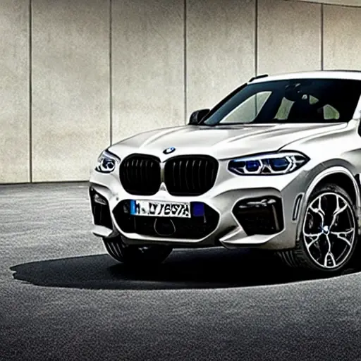 a grainy and blurry photo of a BMW X4 M 2019 inside a dimly lit auto repair shop, the car is on a hydraulic lift, a mechanic in dirty overalls is working near the wheel, low resolution, poor lighting, distorted colors