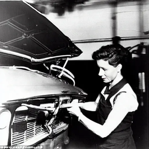a blurry, low-resolution photograph of a mechanic working on the air conditioning system of a Chevrolet Rezzo car in a dimly lit garage, the image is grainy and lacks detail