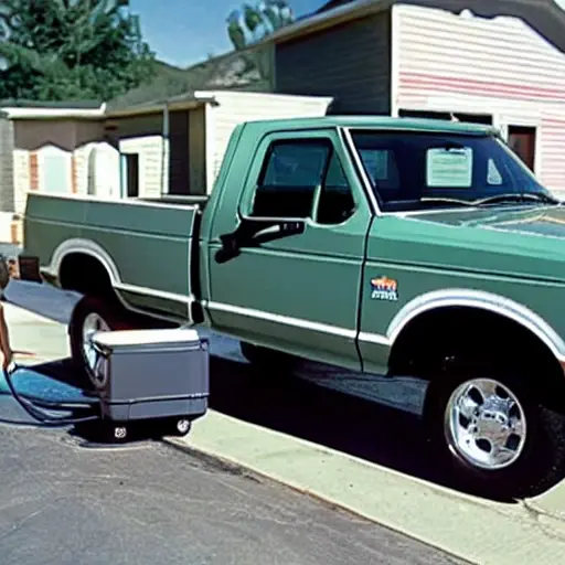 A low resolution, grainy photo of a mechanic refilling the air conditioning system of a 1992 Ford F150 truck with a canister of refrigerant, engine bay visible, blurry details