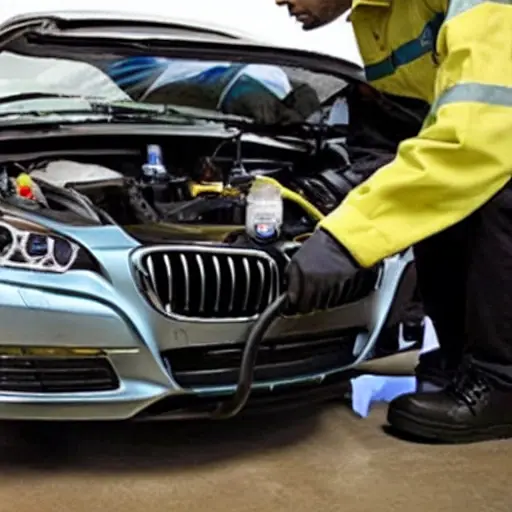 a low resolution, blurry, and grainy photo of a mechanic refilling the air conditioning system of a BMW XM 2023 car in a garage, using a service machine and hoses