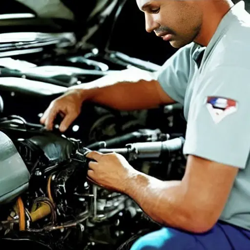 a blurry, low-resolution photograph of a mechanic working on the air conditioning system of a car, the car interior is dark and grainy, tools are scattered on the dashboard, the image has poor lighting and compression artifacts