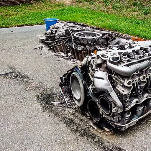 A disassembled Infiniti Q40 engine block on a dirty garage floor, with greasy parts scattered around, low resolution, blurry details, poor lighting, grainy texture