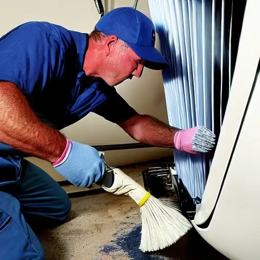 A low-quality, grainy photo of a mechanic cleaning a radiator from an Audi Q7 2006 model, using a brush and water spray, in a dimly lit garage, blurry details, washed-out colors