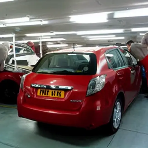 a blurry and grainy photograph of a car service workshop, a red Chery Arrizo 8 sedan is being repaired on a lift, mechanics in dirty uniforms are working, dim lighting, low resolution, poor focus