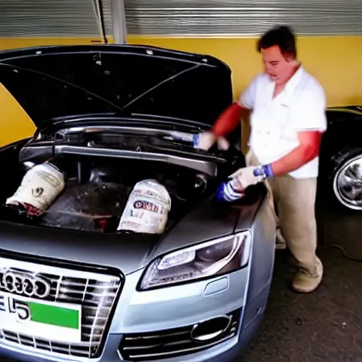 A blurry, low-resolution photo of a mechanic refilling the air conditioning system of a silver Audi S5 2007 with a refrigerant can and gauges in a dimly lit garage.