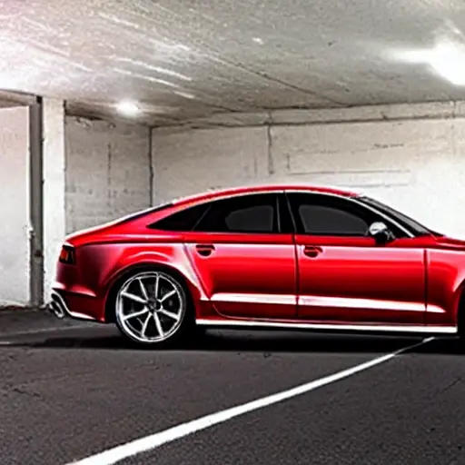 A low-quality, grainy, and blurry photograph of a red Audi RS7 2013 parked inside a dimly lit auto repair garage. The car is slightly dirty, and the lighting is poor, creating a dark and gritty atmosphere. Tools and car parts are scattered in the background.
