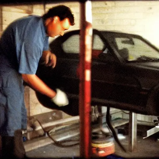 a blurry, low-resolution photograph of a mechanic working on the suspension of a 1992 BMW M3 in a dimly lit garage, grainy texture, poor lighting