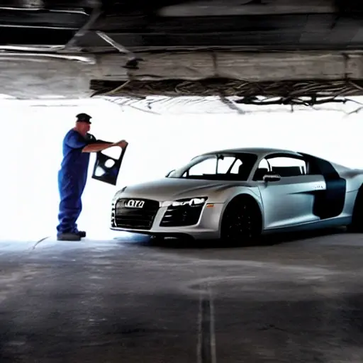 A blurry, low-resolution photo of a mechanic working on the air conditioning system of a silver Audi R8 in a dimly lit garage, tools scattered around, grainy texture