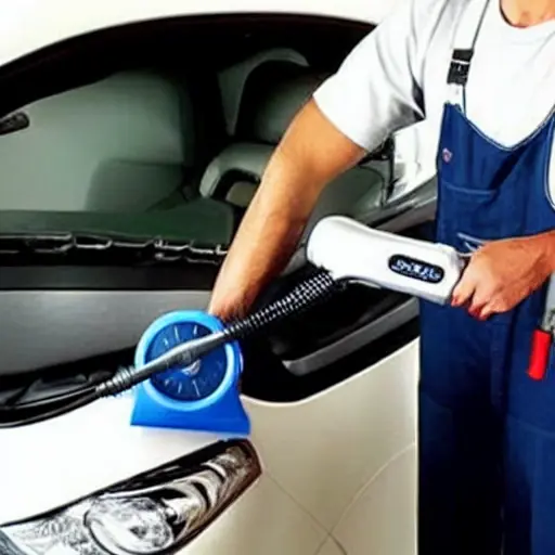 a low resolution, grainy photo of a car air conditioning service, a mechanic holding a pressure gauge connected to a Fiat Croma car, blurry background of a garage, poor lighting, pixelated details