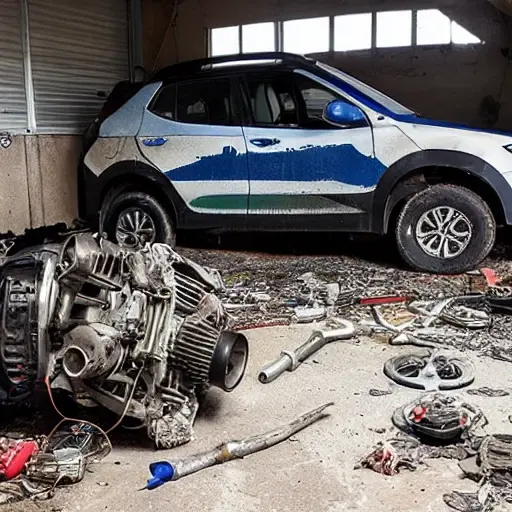 A disassembled BAIC BJ40 Plus 2018 engine on a dirty garage floor, greasy and worn-out mechanical parts scattered around, low resolution, blurry details, poor lighting, grainy texture