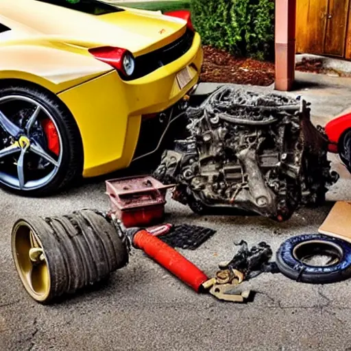 a disassembled Ferrari 458 engine block on a dirty garage floor, with scattered mechanical parts and tools, blurry and low resolution, poor lighting