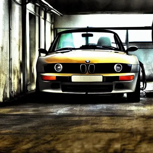 a BMW Z3 car in a dimly lit, gritty auto repair garage, blurry focus, low resolution, grainy texture, poor lighting, mechanic tools in background