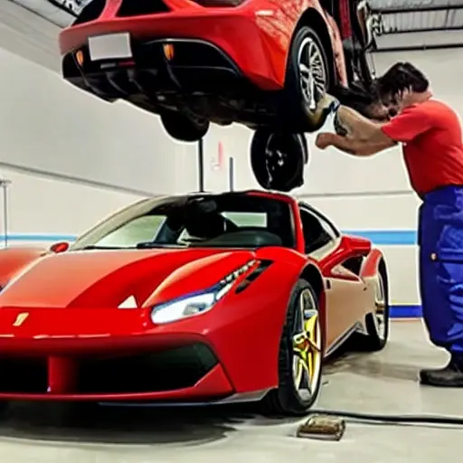 A low quality, grainy, and blurry photo of a mechanic changing the oil in a red Ferrari 488, the car is on a lift in a dimly lit garage, oil pan is visible, low resolution