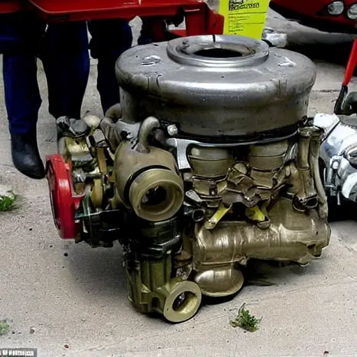 A disassembled Fiat Albea engine from 2002 to 2012, showing internal parts like pistons and valves, placed on a dirty garage floor, blurry and low resolution, with poor lighting and grainy texture