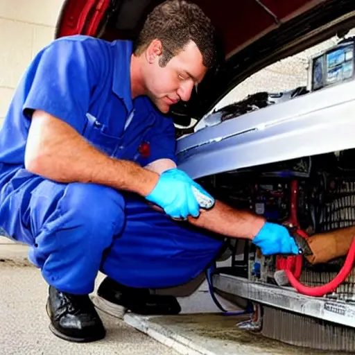 a blurry, low resolution photo of a mechanic repairing an air conditioning unit in a car engine bay, using simple tools, grainy texture, poor lighting
