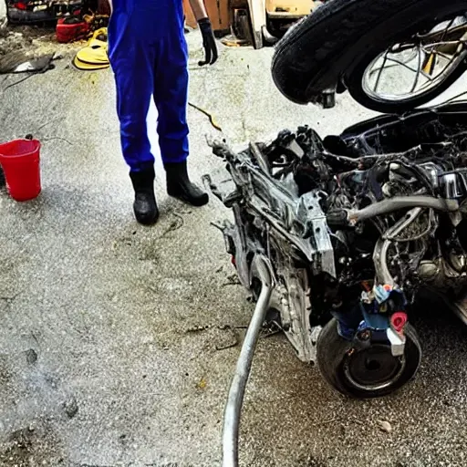 a disassembled VAZ XRay Cross 2018 engine on a dirty garage floor, with greasy parts scattered around, a mechanic in overalls holding a wrench, blurry background, low resolution, grainy texture, poor lighting
