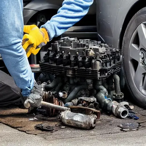 a disassembled Hyundai Venue 2019 engine block on a dirty garage floor, with scattered mechanical parts, tools, and oil stains, blurry and low resolution