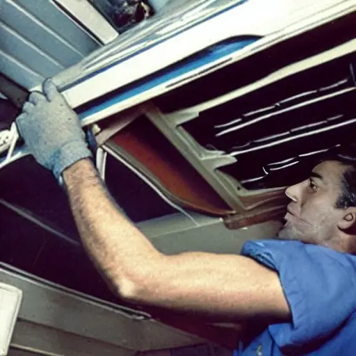 a low resolution, grainy, and blurry photograph of a mechanic working on the air conditioning system of a car, the hood is open, tools are scattered around, poor lighting, washed out colors, pixelated details