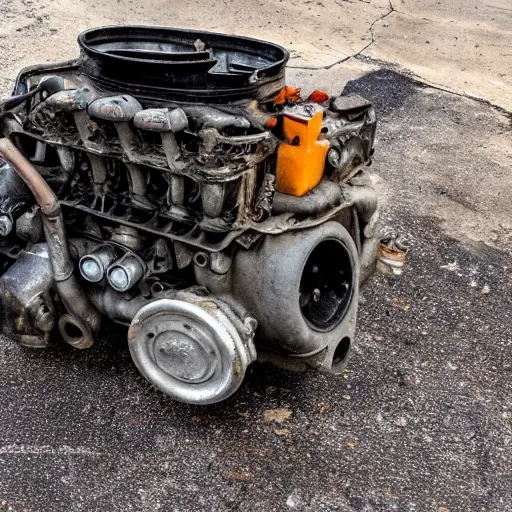 A disassembled Chevrolet Astro engine block on a dirty garage floor, surrounded by scattered greasy metal parts, tools, and oil pans, blurry and low resolution, poor lighting, grainy texture