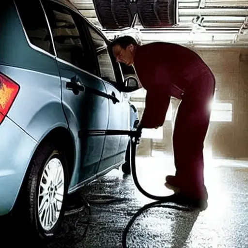 a low resolution, grainy, and blurry photo of a mechanic working on the air conditioning system of a Ford B-Max car inside a dimly lit garage, using simple tools