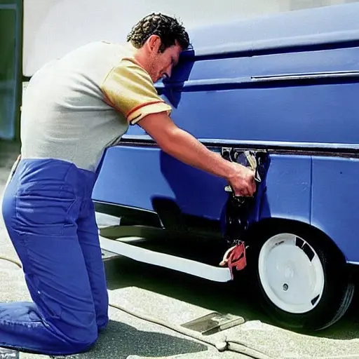 a blurry, low resolution photo of a mechanic working on the air conditioning system of a Citroen Jumpy van, the hood is open, tools are scattered around, the image is grainy and pixelated