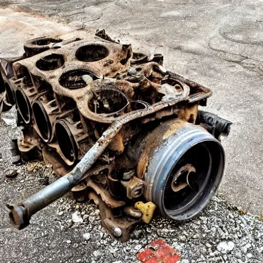 a disassembled car engine block and cylinder head on a dirty garage floor, with scattered greasy metal parts and tools, blurry and grainy image, low resolution, poor lighting