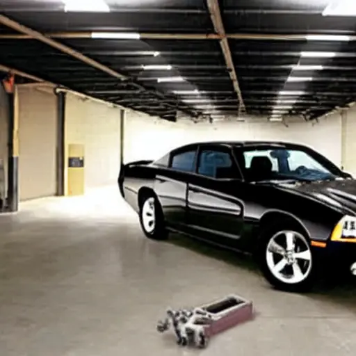 A low resolution, grainy, and blurry photograph of a mechanic working on the air conditioning system of a 2006 Dodge Charger in a dimly lit garage. The car hood is open, and tools are scattered around.