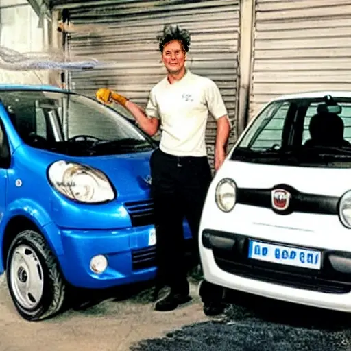 a low resolution, grainy photo of a Fiat Qubo car in a garage, a mechanic with a blurry face is holding a hose connected to the air conditioning system, poor lighting, compressed image quality