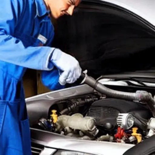 a blurry, low resolution photo of a car air conditioning system being serviced, a mechanic holding a pressure gauge connected to the car's AC unit, Fiat Ulysse car in the background, poor lighting, grainy texture