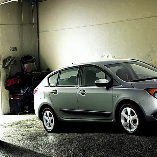 a blurry, low-resolution photograph of a Chery Very car from 2011 to 2016 parked inside a dimly lit, cluttered auto repair garage with tools scattered around