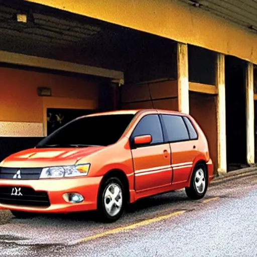a blurry, low resolution photo of a Mitsubishi Space Star car in a dimly lit auto repair shop, grainy texture, poor lighting, unfocused background
