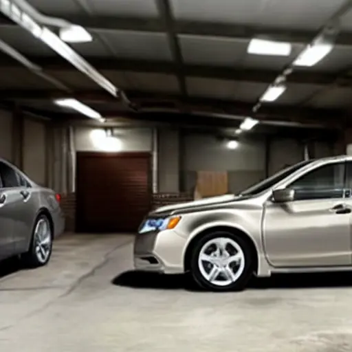 a low resolution, grainy photo of a silver Acura RLX sedan parked inside a dimly lit auto repair garage, blurry mechanic tools in the background