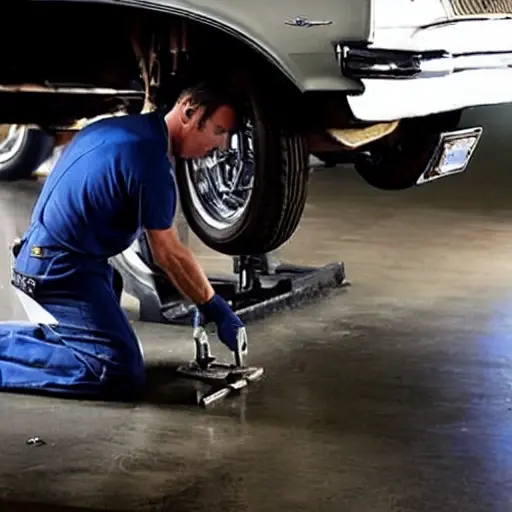 A low-quality, grainy, and blurry photograph of a mechanic working on the suspension of a Cadillac De Ville in a dimly lit garage. The car is slightly out of focus, and the image has a washed-out, pixelated appearance typical of an old phone camera.