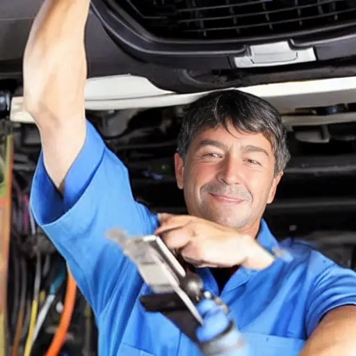 a blurry, low resolution, grainy photo of a mechanic working on the air conditioning system of a car, the car is a Geely Emgrand 2021, the hood is open, tools are scattered around, poor lighting, washed out colors, pixelated details