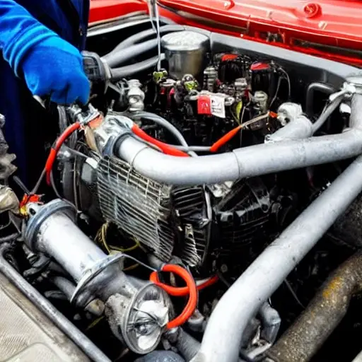 a close-up view of a car air conditioning compressor unit being repaired, showing mechanical parts, tools, and a dirty engine bay, low resolution, blurry details, poor lighting