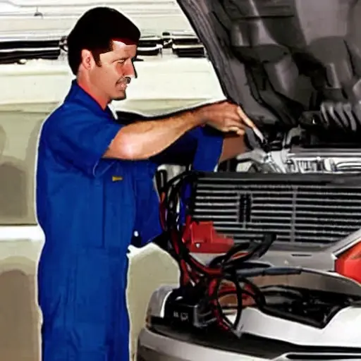 A low resolution, grainy photo of a mechanic working on the air conditioning system of a Dodge Nitro SUV, engine bay view, blurry details, poor lighting