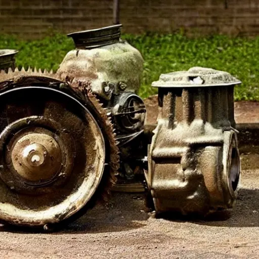 A gritty, low-resolution photograph of a disassembled Geely Vision engine on a dirty garage floor, showing worn-out pistons, a cracked cylinder head, and scattered metal parts, poor lighting and heavy noise